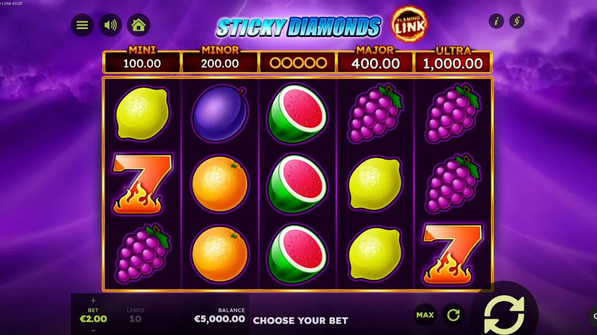 Sticky Diamonds Flaming Link slot game interface featuring glowing diamonds and fire effects