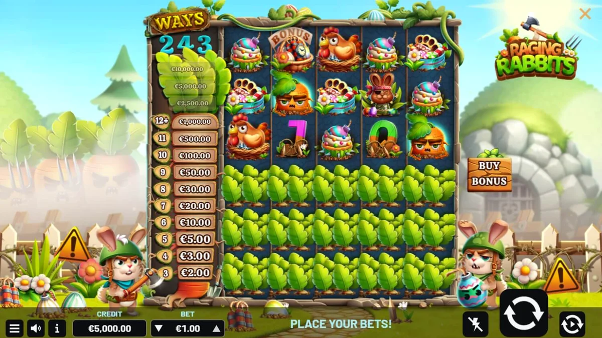 Tampilan visual slot Raging Rabbits dengan karakter kelinci dan latar belakang medan perang kartun.