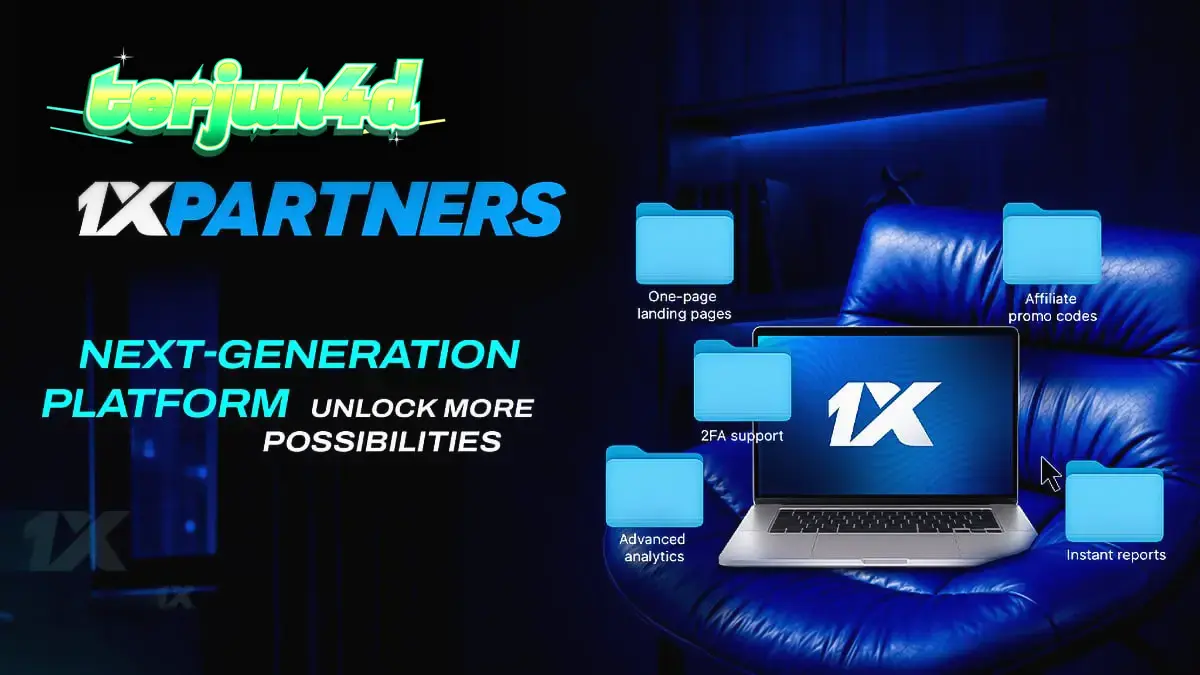 Tampilan antarmuka dasbor afiliasi 1xPartners yang diperbarui dengan grafik analitik yang jelas.